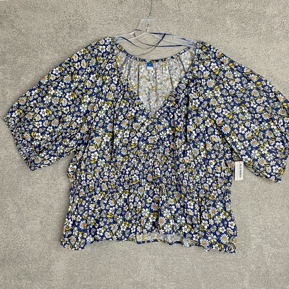 Old Navy Floral Smocked Top Size 3X Blue Ruched Artsy Peasant NWT - Picture 1 of 11